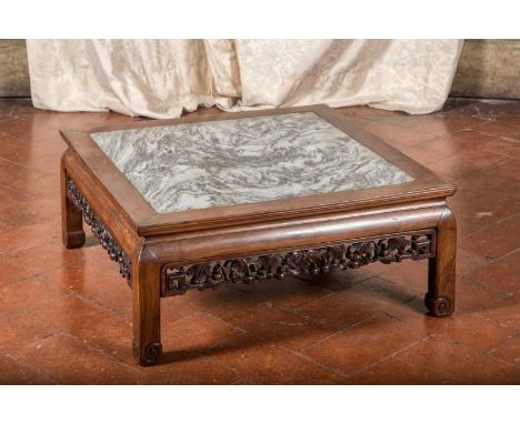  Low table, possibly of huanghuali wood, with dreamstone marble fitted topChina, Qing dyansty, 19th century The sides carved 