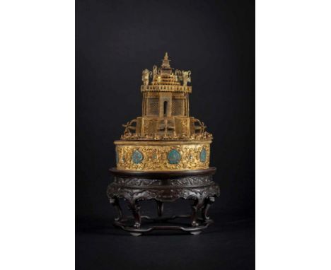  A gilt silver filigree mandala in the shape of a temple on a Zitan wooden standChina, Qing dynastyIn the structure formed by