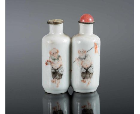  Double porcelain baluster snuff bottles painted with monsters and warriors and bearing a Hongxiang four characters mark at t