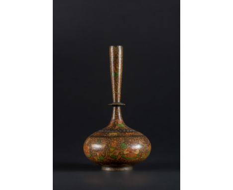  A wooden and papier machè bottle painted with miniaturesKashmir, 19th century Cm 13,50 x 28,00 22.00 % buyer's premium on th