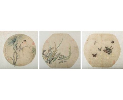  Three round painting on silk depicting a bird, a mantis and butterflies China, Qing dynasty, 19th century Cm 44,50 x 34,00 2