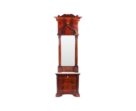 A 19th century Biedermeier or Louis Phillippe flame mahogany pier mirror and commode, the scrolling surmount over a cavetto m