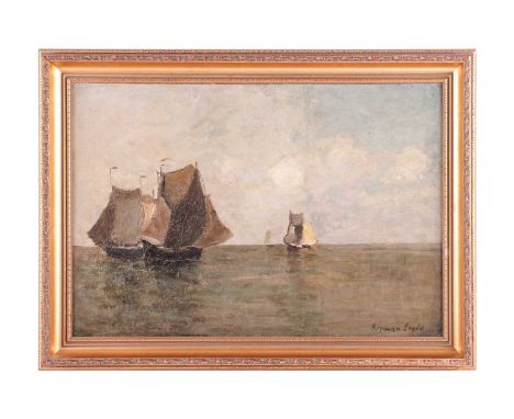 German Grobe (1857-1938), seascape with boats, oil on panel, signed to lower right corner, 32 cm x 45 cm in a gilt frame.