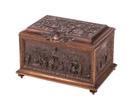 A French late 19th century gilt and oxidized bronze rectangular table casket, the caddy-top and sides set with deep relief pa