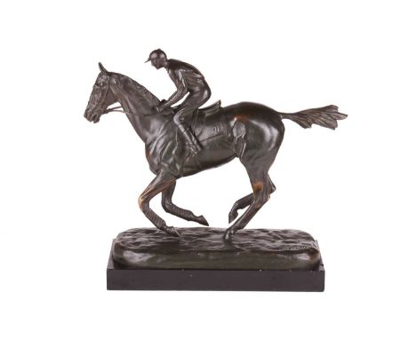 Roger De Minvielle (1897-1987) French, a patinated bronze study of a racehorse and jockey, signed to base, on a rectangular b