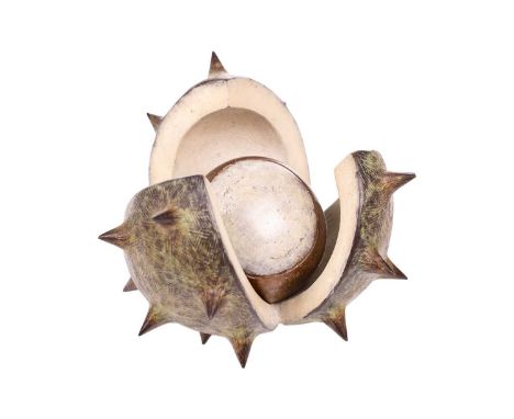 Mark Hall (b.1970), 'Perin's Peril' (Continuum III), a bronze study of a conker emerging from an opening outer, 7 cm high x 8