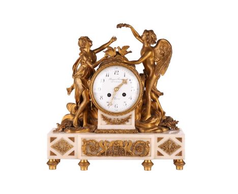 A French Le Roy et Fils (?)  ormolu and white marble mantel clock with a figural mount allegorical of the victory of love, th