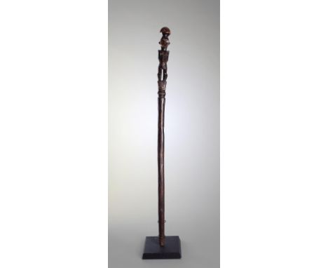 A Senufo staff Ivory Coast with a standing female finial, having body and facial scarifications, 95cm long, on a stand. (2)