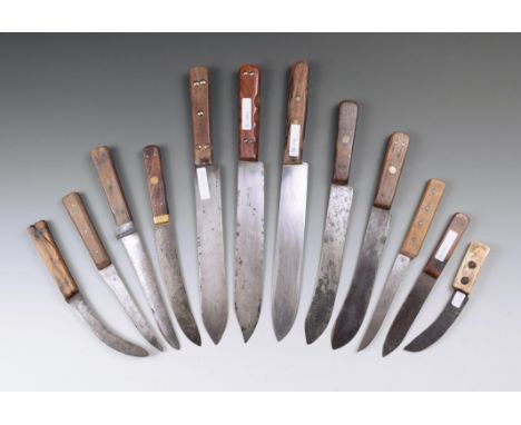 Twelve knives including six Butcher knives with steel blades, five from Sheffield, with riveted wood handles, three boning kn