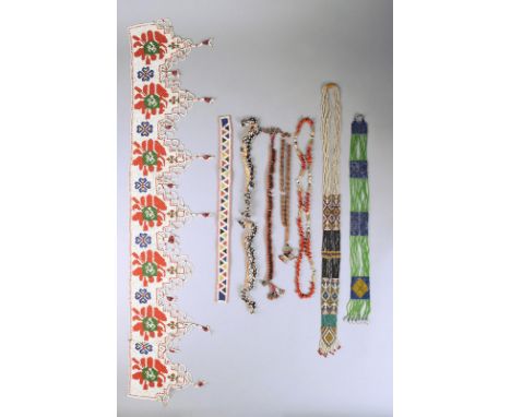 Three Zulu beaded bands South Africa including an anklet with a brass button, the longest 49cm, an Indian beaded toran, two b