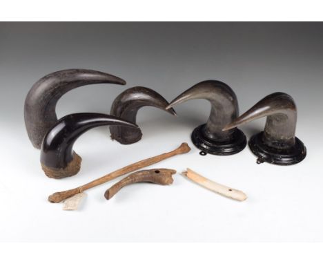 Five bison horns two mounted, the longest 31cm, a stoat bag with cloth, coloured glass beads, feathers and bells, a white sto