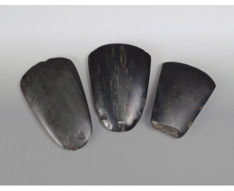 Three Highlands axe heads Papua New Guinea greenstone, one with a white painted inventory number H.1011, 12cm, 15cm and 16cm 