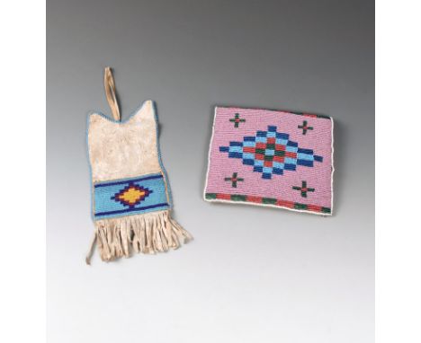 A Plains ration ticket pouch white buckskin and coloured glass beads, with a light blue ground diamond shape panel and beaded