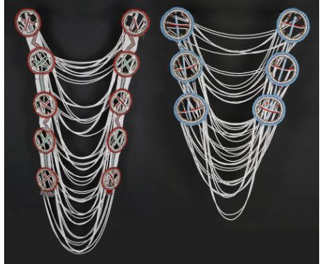 Xhosa beaded chest ornaments South Africa with ten circled X's with mother of pearl buttons, linked horizontally by decorated
