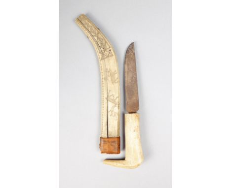 A Sami knife and scabbard Lapland antler and leather with a steel blade with foundry stamp PT, the scabbard with linear decor