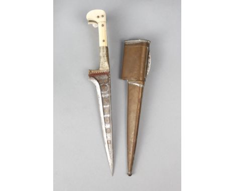 λ An Afghan choora dagger with an etched and brass inlaid steel blade and a ivory mounted handle, with a wood and brass scabb