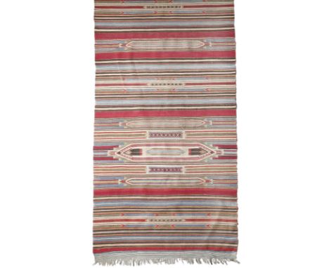 Two Zapotec runners Mexico with striped designs and long lozenges of arrow heads, feathers and x's, 340cm x 80cm and 322cm x 