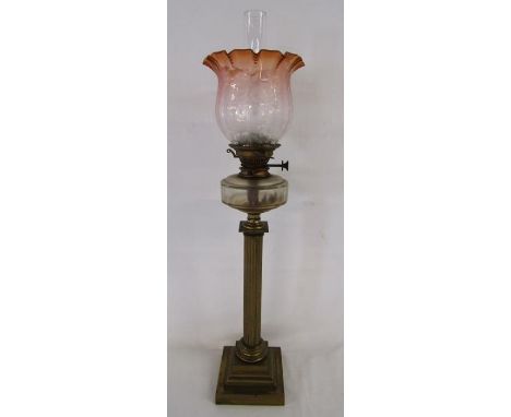 Hinks No2 lever brass column oil lamp with glass oil reservoir and etched glass shade - total height including chimney approx