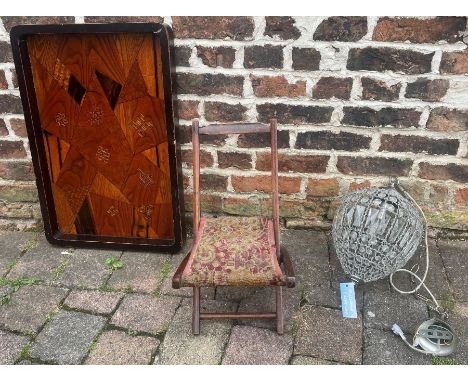 Victorian child's folding chair, Rutland Lighting light fitting and a lacquered Art Deco marquetry tray