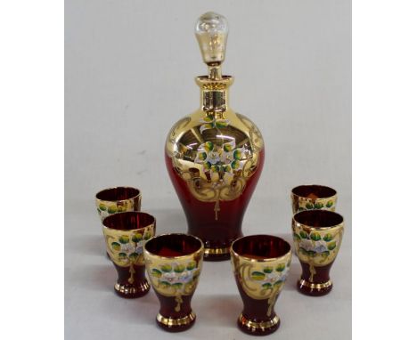 Murano ruby glass decanter &amp; set of 6 glasses