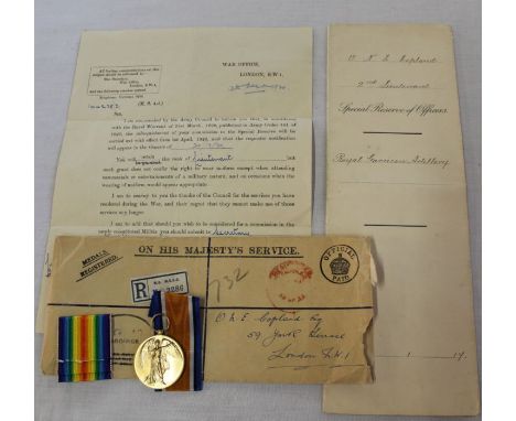 First World War Victory medal &amp; ribbon to Oswald Nevill Ernest Copland, appointment letter to 2nd Lieutenant in the Speci