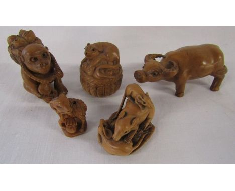 5 Wooden netsuke - monkey, mice, goat and water buffalo,&nbsp;