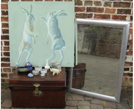 Tin trunk, large hare canvas print approx. 86cm x 85cm, silver framed wall mirror approx. 103.5cm x 72.5cm, trinket boxes inc