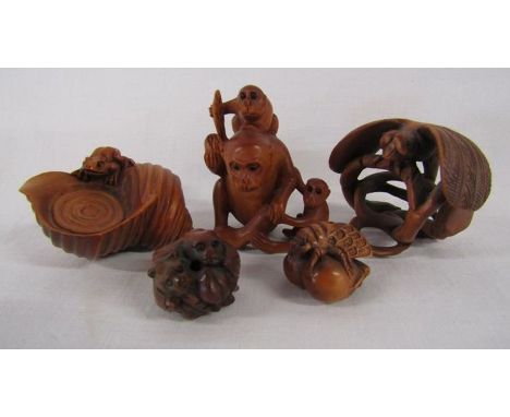 5 Wooden netsuke, signed - frog on a shell, monkey, dragonfly, bug on nuts, and a small round netsuke