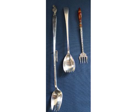 Silver salad fork Sheffield 1926, 1920s Tom-Tom Man Green label Chutney pickle fork &amp; unmarked pickle / sardine fork with
