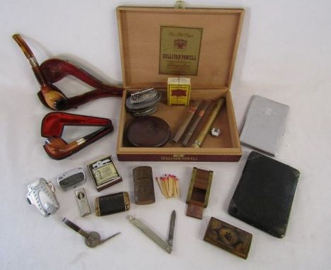 Tobacciana collection includes Meerschaum pipe, Chester silver banded pipe, cigar case with Birmingham silver corners, cigars