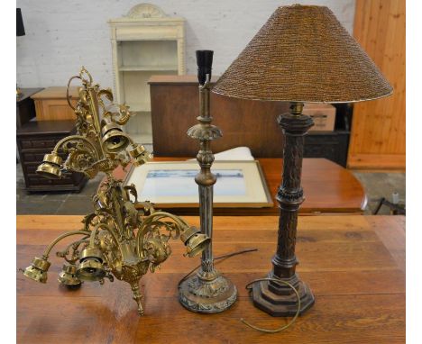 2 table lamps &amp; a brass ceiling light with 9 branches