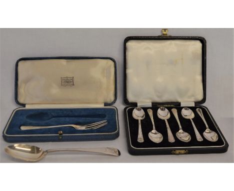 6 cased silver teaspoons, Sheffield 1956&nbsp;Joseph Elliot &amp; Sons,&nbsp;cased silver fork London 1934 and&nbsp;spoon&nbs