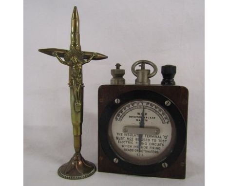 Brass bullet crucifix and WW2 W.G.P 1944 detector galvanometer