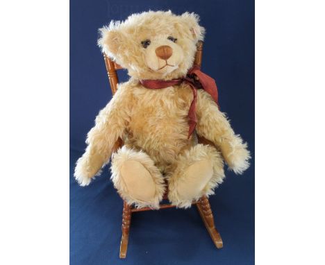 Limited edition blonde mohair Steiff 1999 Millennium bear, 42cm high with growler &amp; patterned bow and small rocking chair