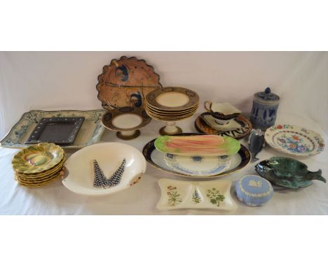 Soho Pottery Ambassador Ware (6 plates &amp; 2 comports - some damage), Victorian meat dish, German stoneware tobacco jar, Fr