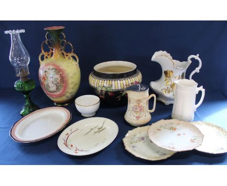 Spode's Royal Jasmine plate &amp; 1 other, 3 blushware type plates, Crown Devon jugs, jardiniere, toilet jug &amp; green glas