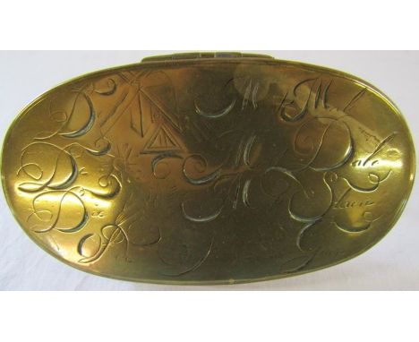 Large Georgian brass snuff box with rubbed inscription, note enclosed -&nbsp; The words and pictures on the side of the snuff