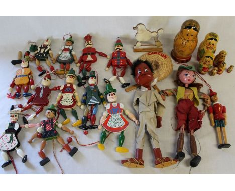 Pelham puppet &amp; 1 other, quantity of wooden Jumping Jack toys (some limbs need re-attaching), 2 part Russian dolls etc.