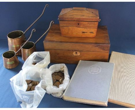 Victorian mahogany writing slope (distressed), 19th century rosewood tea caddy, 3 copper measures, "Bridging Normandy to Berl