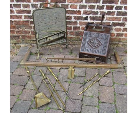 Brass fender with tool plate, fire irons, bevelled and cut mirrored fire screen and wooden coal box with scoop