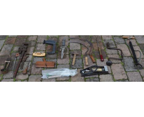 Box of tools including brass foot pump, Monitor paraffin blow torch, etc.