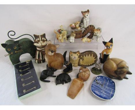 Collection of cat figures - includes wooden, tealight holder, ceramic etc and a Gantofta cat small plate&nbsp;