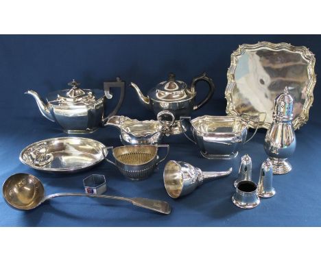 Selection of silver plate including Walker &amp; Hall salver, sugar caster, wine funnel &amp; large ladle