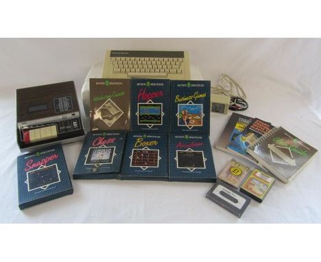 Acorn Electron 1982 console with Decca CR 1200 Radio Cassette Recorder, user guides and games including Boxer, Chess, Hopper,