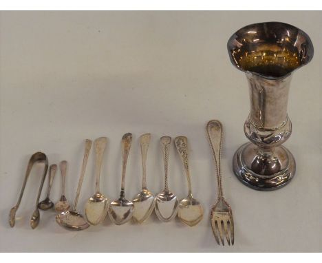 6 silver teaspoons from the Georgian &amp; Victorian period, silver fork, silver sugar bow, silver mustard &amp; salt spoons 