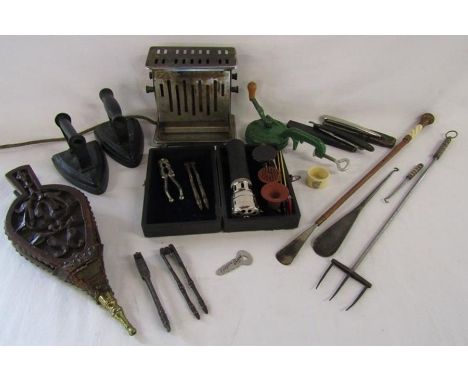 2 flat irons, bellows, vintage toaster, nut crackers, Spong &amp; Co bean slicer, shoe horn, toasting fork etc