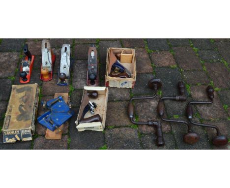 Box of woodworking tools, including RB 10 plane, hand braces, etc.