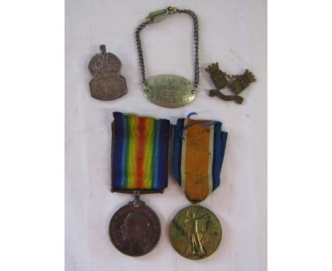 WW1 pair of medals awarded to 351907 PTE F. Harlow R SCOTS - also includes silver ARP pin badge, bracelet tag, and badge