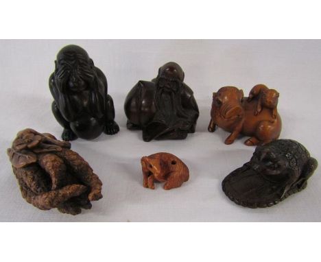 6 Wooden netsuke - monkey, Buddha, toad, flower, pig and goat