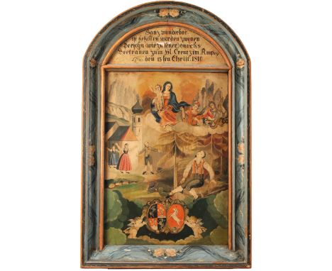 Dipinto ad olio su tavola con cornice dipinta. Stemma gentilizio nella parte bassa. Datato 1810. Europa. Cm 122x77Oil paintin